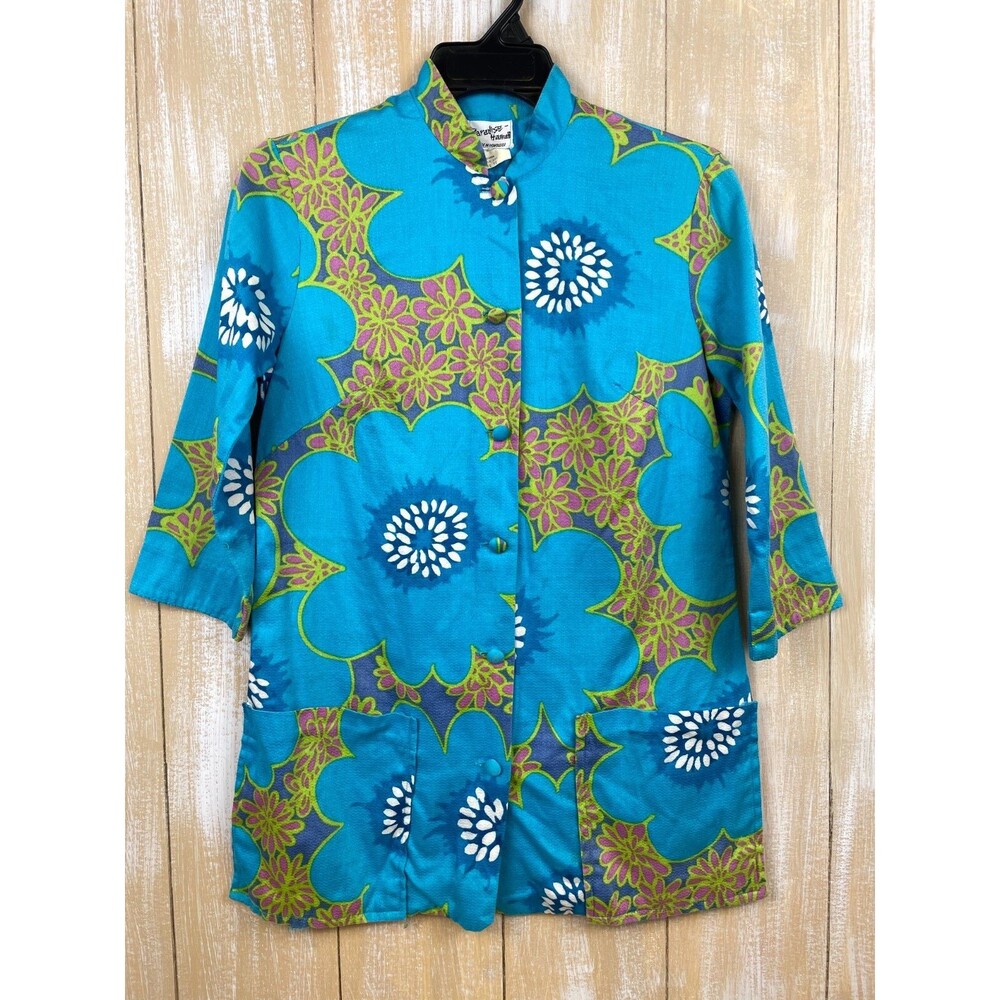 Vintage Paradise Hawaii Hawaiian Jacket Top Honolulu Blue Floral Women's Sz 10